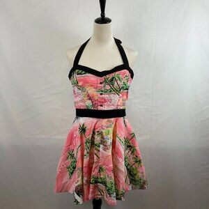 Lucky B Halter Rockabilly Dress L Black Trim Tropical Print Fit & Flare